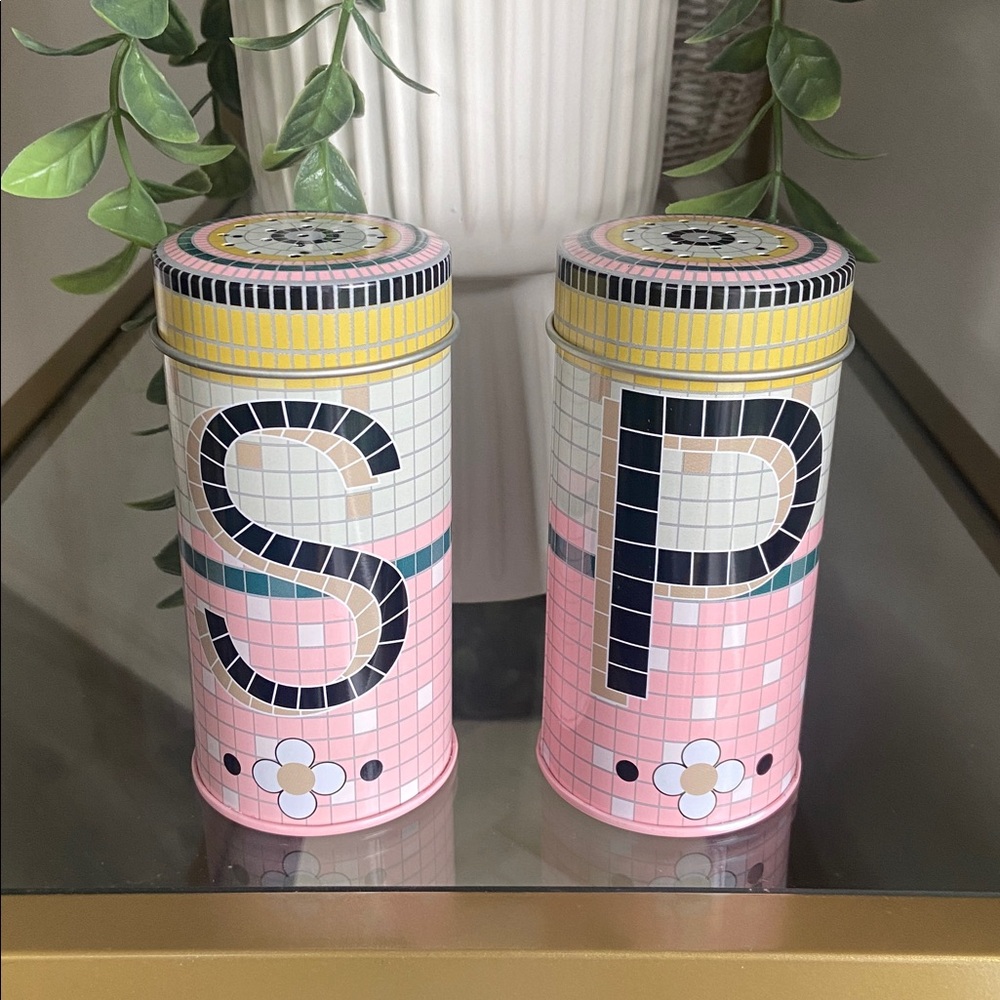 Salt & Pepper pink & yellow bistro tile containers metal tin Anthropologie vibes